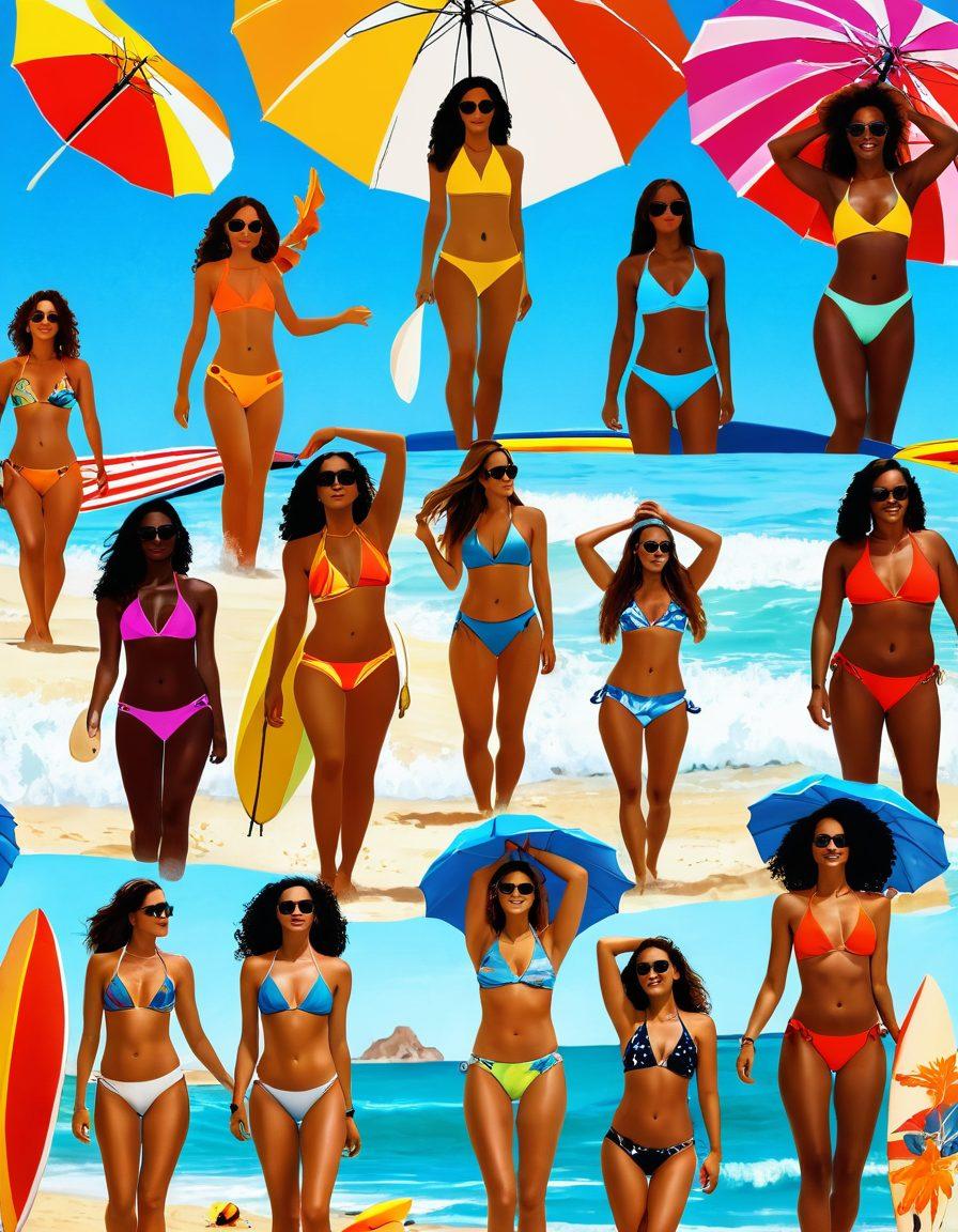 A collage featuring various bikini styles on a sunny beach, with women of diverse backgrounds sunbathing and surfing. Include colorful umbrellas and beach towels in the background, showcasing vibrant summer vibes. Capture the movement of waves and the energy of surfing, with the sun casting a golden glow over the scene. accentuate the playful and fun atmosphere of summer by incorporating beach accessories like sunglasses and flip-flops. vibrant colors. super-realistic.